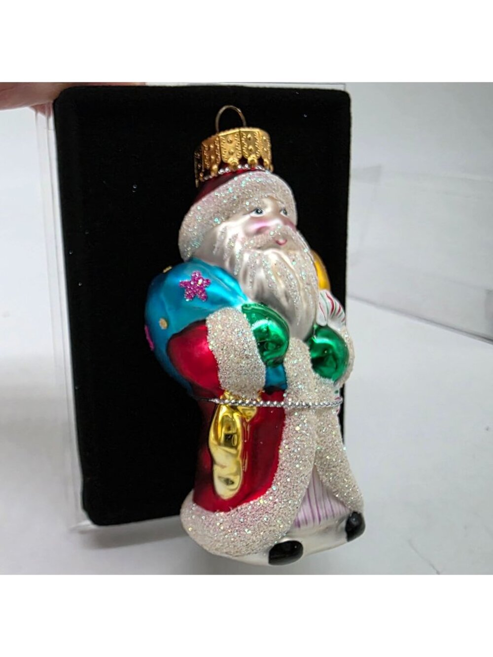 Glass Santa Ornament Glitter Embellished Christmas Decor Box Designers Studio